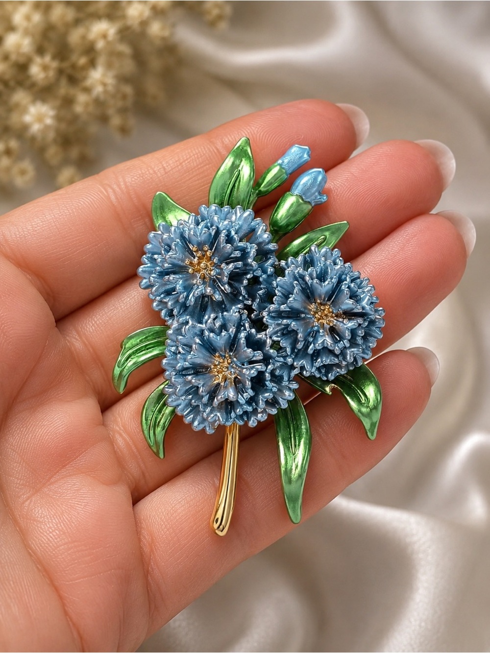 Blue Floral Bouquet Enamel Brooch with Green Leaves - Picture 4 of 6
